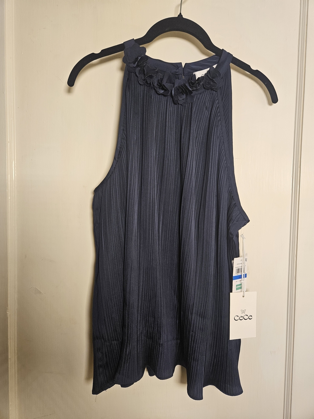 NWT- CeCe Navy Pleated Halter Camisole with Floral Neckline